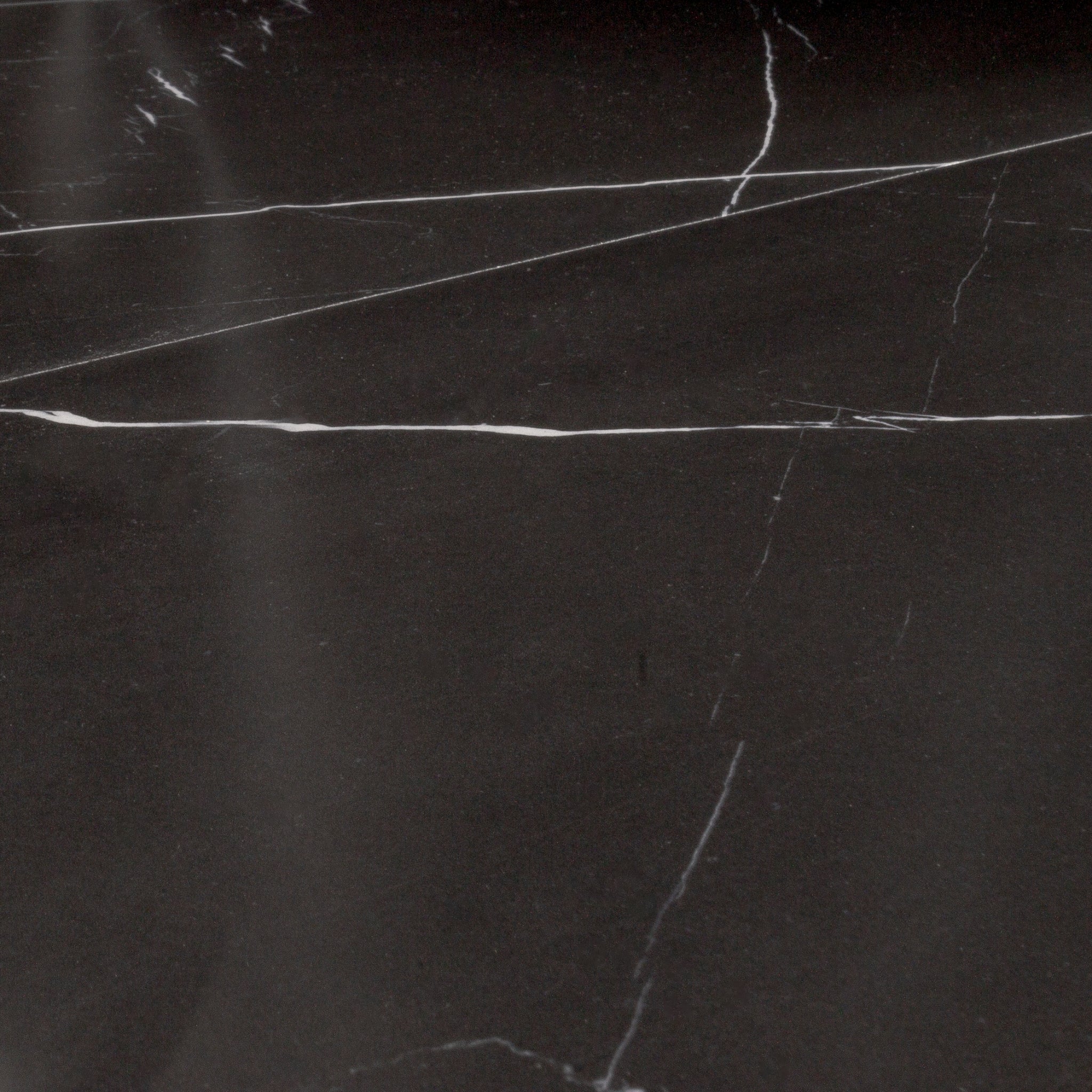 Close up angled view of a two 12x24 rectangular tiles in polished glossy black marble look porcelain with thin white veining. The veining is not meant to line up as it is random. 
