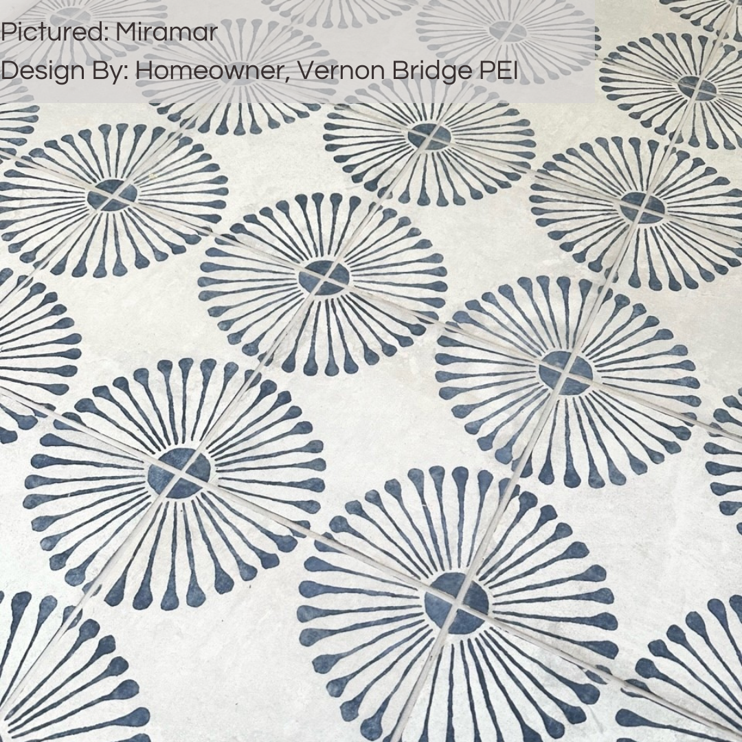 A floor close up of our miramar dandelion look blue and grey pattern tiles. 