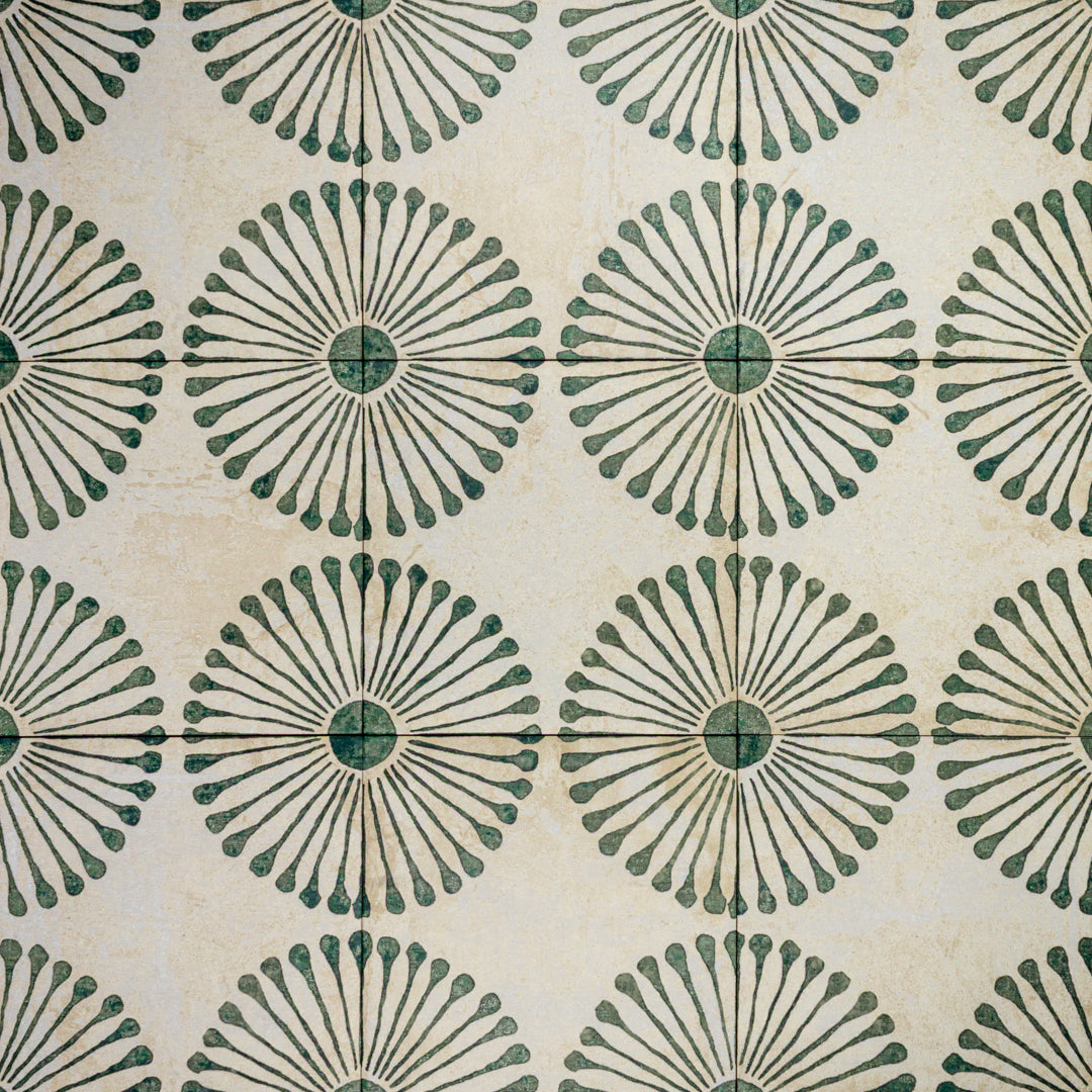 Ariel view of a group of Miramar green 8x8 patterned tile. this view highlights the grey and green sand dollar  flower circle pattern connecting and repeating with each tile. 