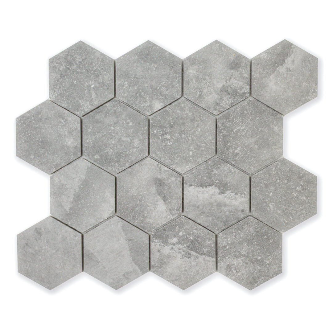 A single sheet of 3" hexagon mosaic tiles in a darker grey stone look.