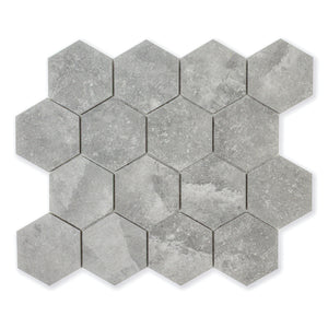 A single sheet of 3" hexagon mosaic tiles in a darker grey stone look.