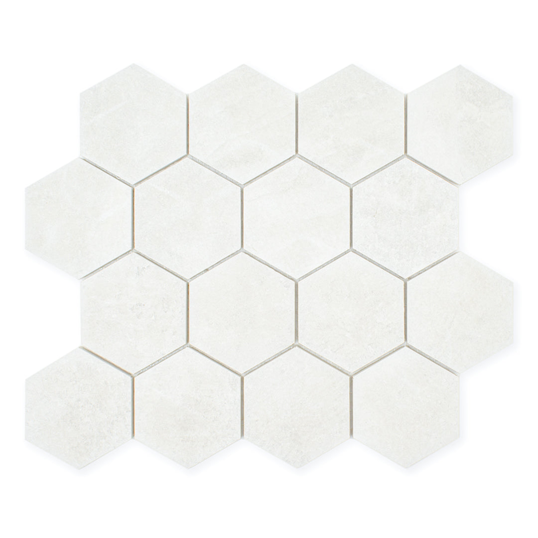 A 3" hexagon mosaic tile in a light white stone look. 