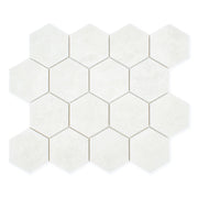 A 3" hexagon mosaic tile in a light white stone look. 