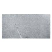 Ariel view of a large blue grey stone look tile with grey and white veining patterns. 