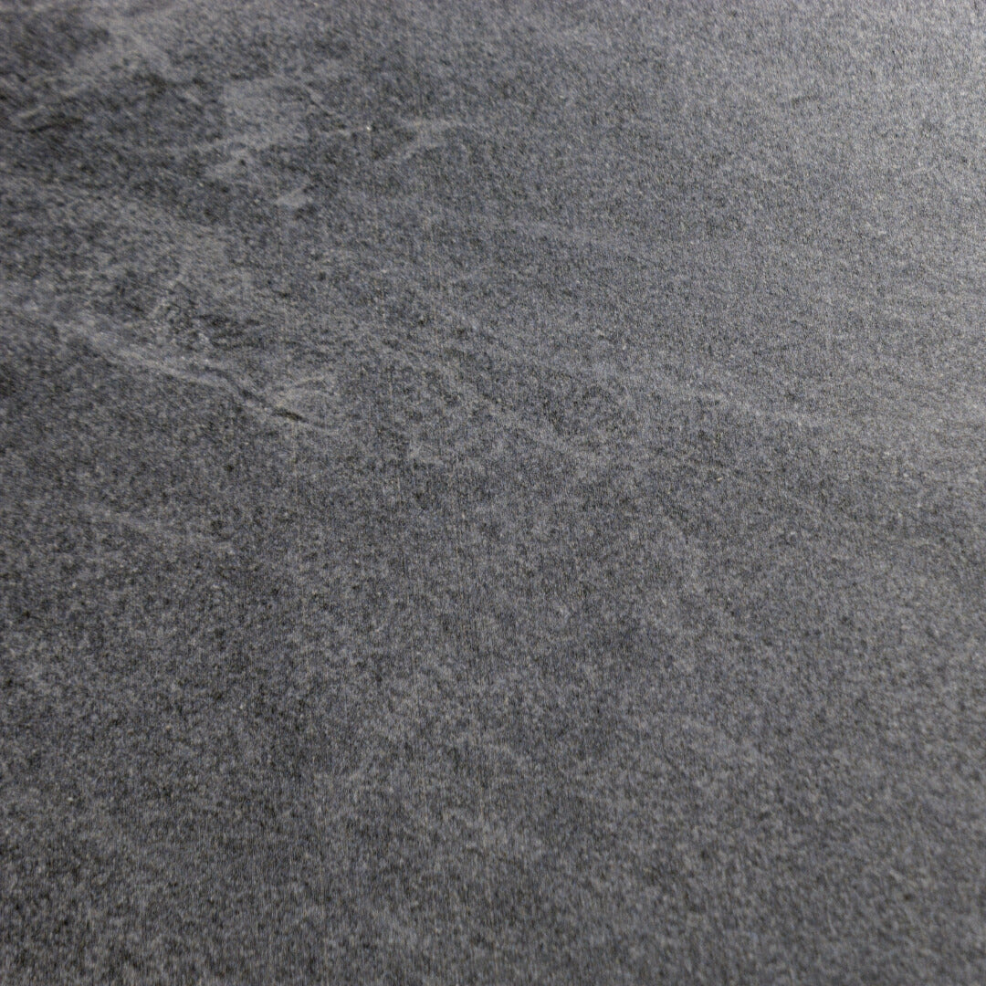 Close up view of a single rectangular dark grey stone look tile to show the veining pattern. 