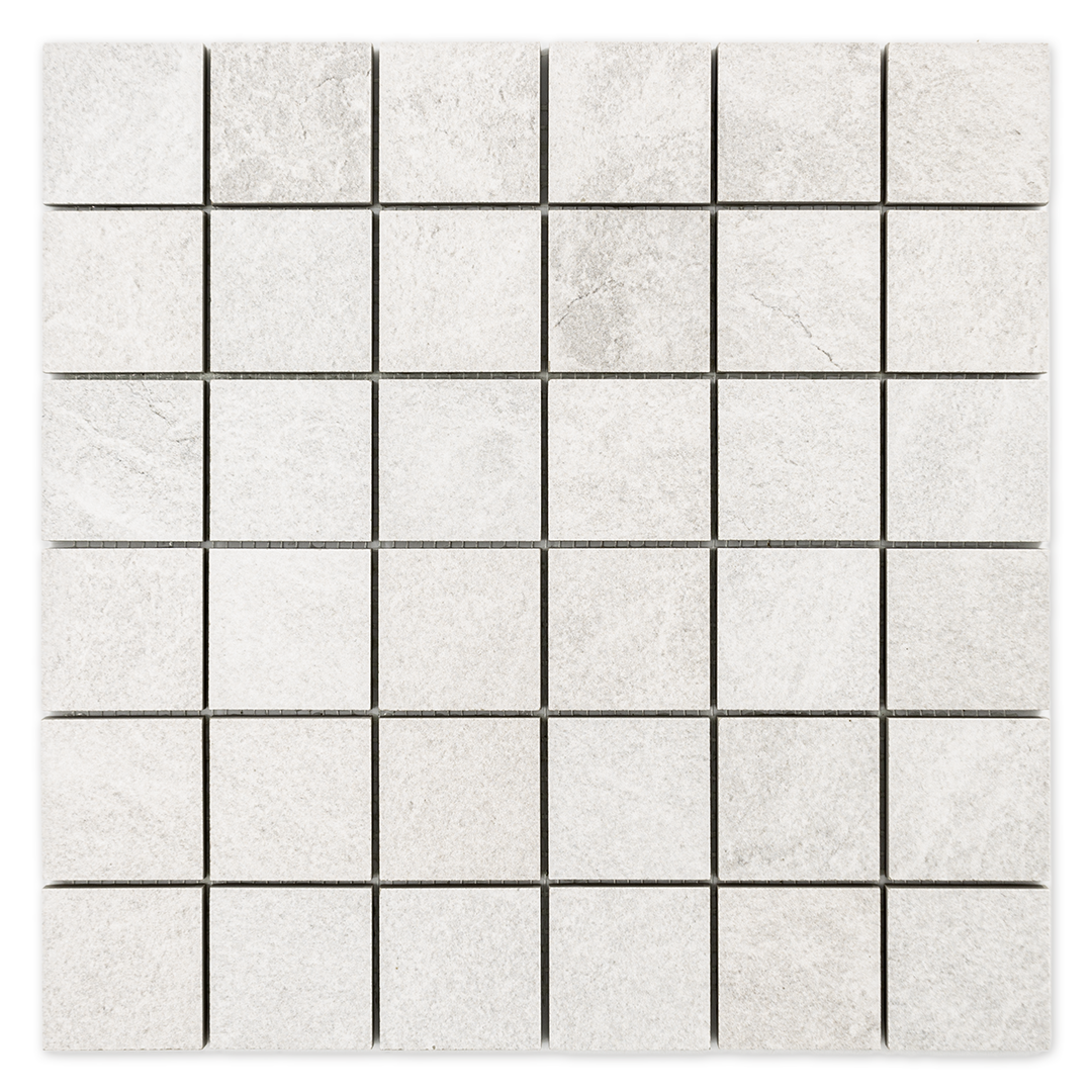 Ariel view of a cement white 2x2 stone look mosaic tile sheet