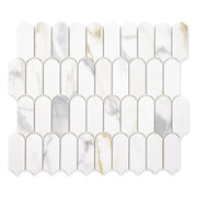 Ariel view of a single sheet of white, 
grey and golden veining marble look porcelain feather scallop mosaic tiles.