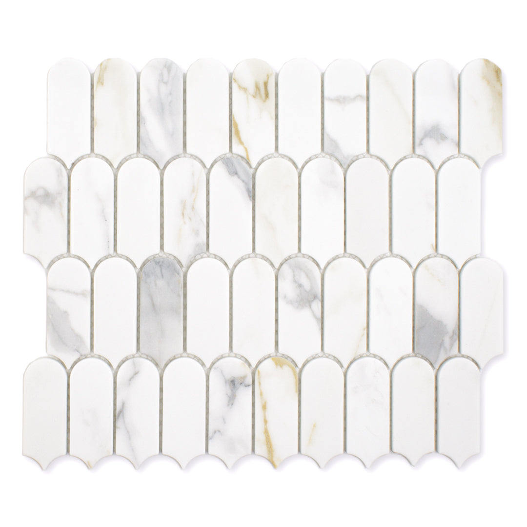 Close Up angled view of white and grey and golden veining marble look porcelain feather scallop mosaic tiles.