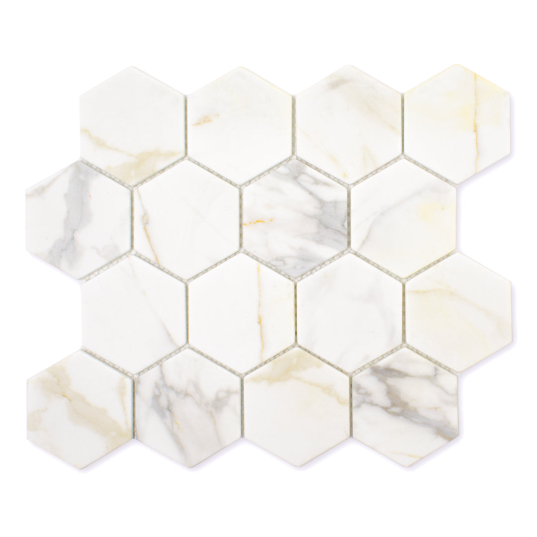 Ariel view of white and grey and golden veining marble look porcelain 3 inch hexagon mosaic tiles.
