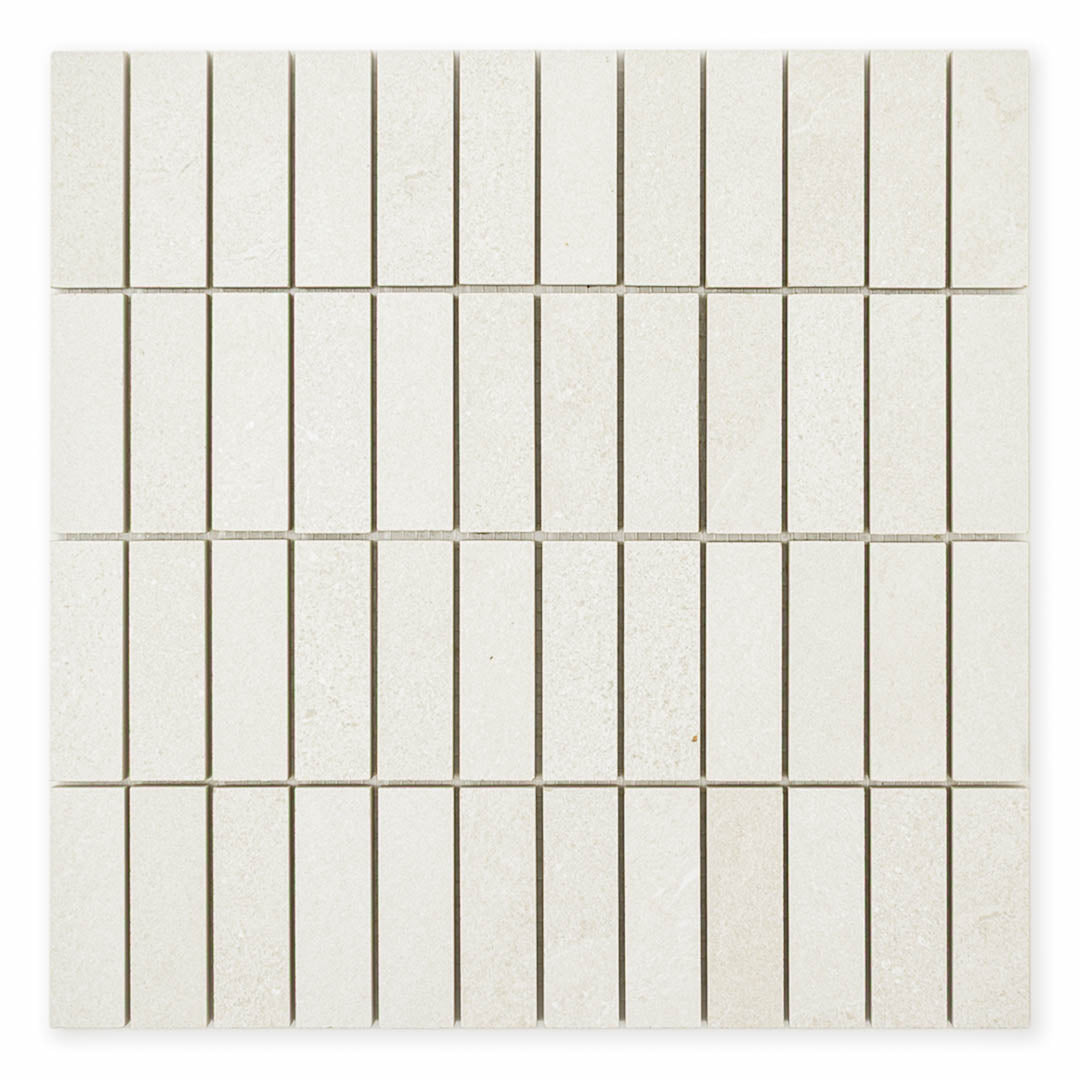 Ariel view of a sheet of mosaic stonehaven light stone look tiles, the pieces are 1x3 stacked for a modern brick look. 