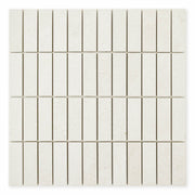 Ariel view of a sheet of mosaic stonehaven light stone look tiles, the pieces are 1x3 stacked for a modern brick look. 