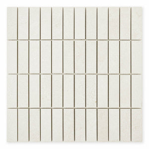 Ariel view of a sheet of mosaic stonehaven light stone look tiles, the pieces are 1x3 stacked for a modern brick look. 