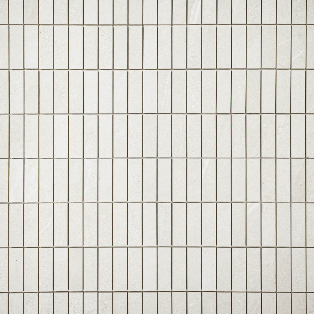 Ariel view of mosaic stonehaven light stone look tiles, the pieces are 1x3 stacked for a modern brick look. 