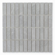 Ariel view of a mosaic dark grey stone look tile in a stacked chip shape 1x3 