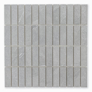 Ariel view of a mosaic dark grey stone look tile in a stacked chip shape 1x3 
