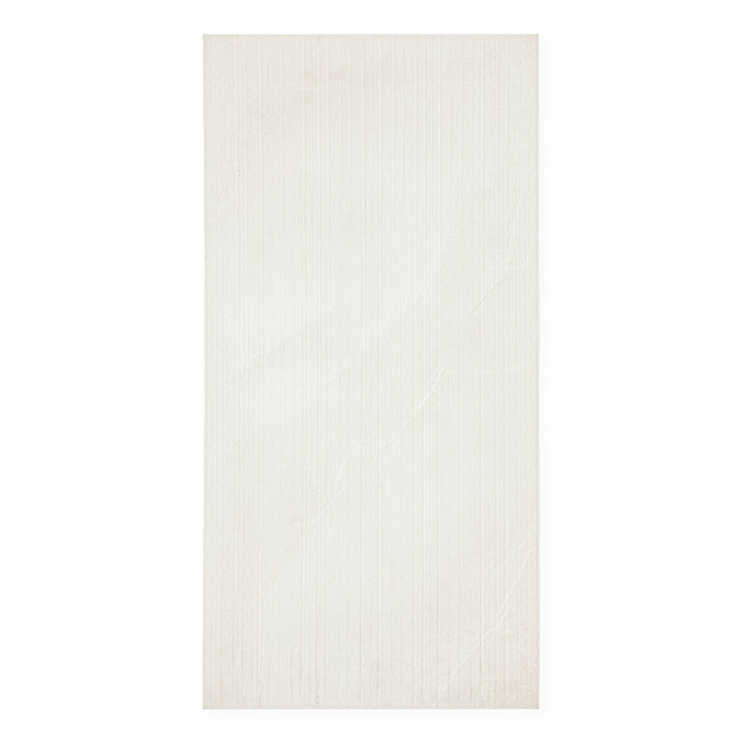 Ariel view of a 24x48 single limestone look tile in ivory white with structured lines across the tile like wood grain. 