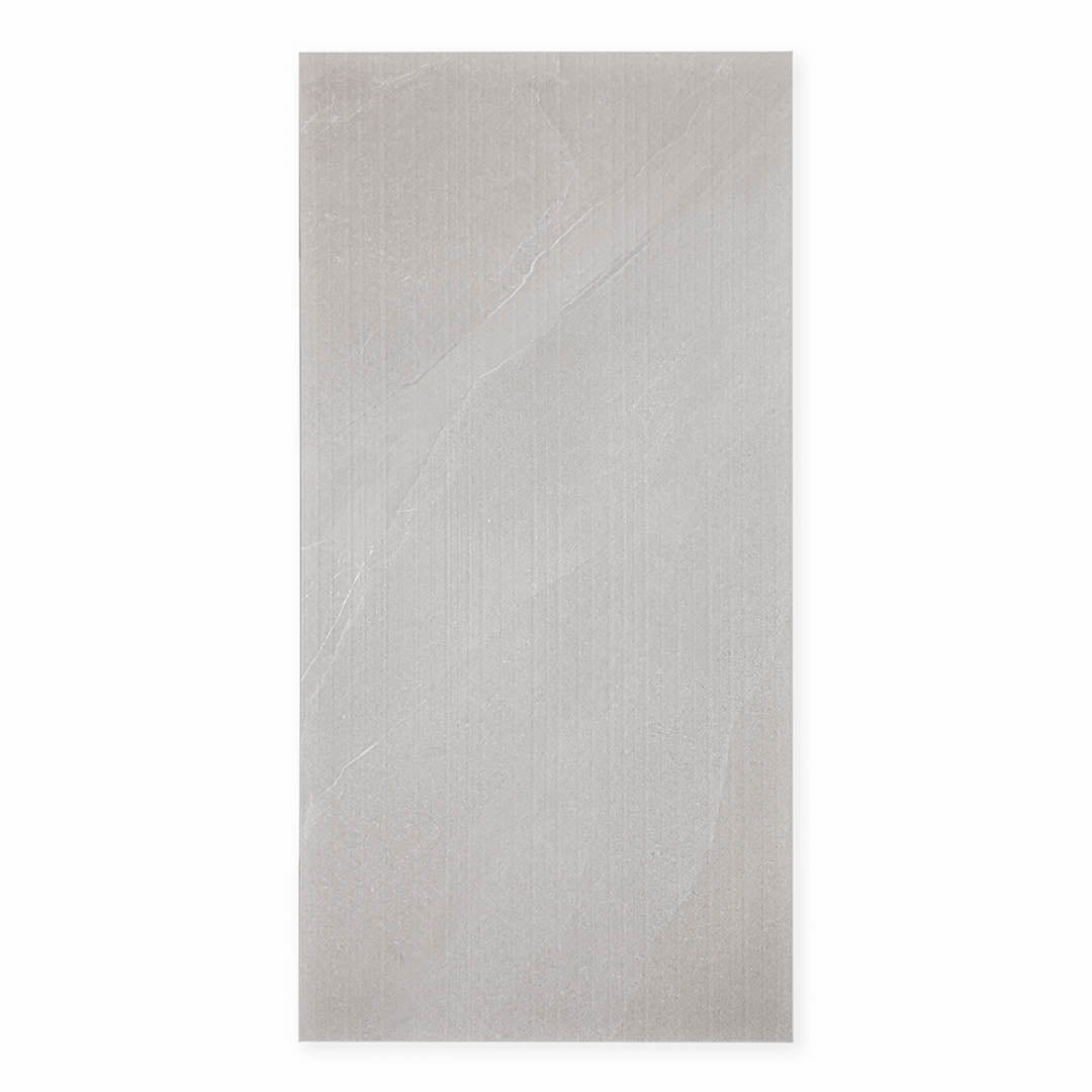 Ariel view of a 24x48 single limestone look tile in taupe warm grey with structured lines across the tile like wood grain. 