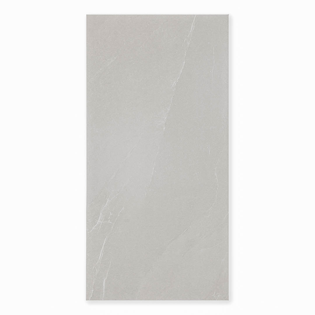 A single 24x48 limestone look tile in taupe with delicate light veining pattern. 