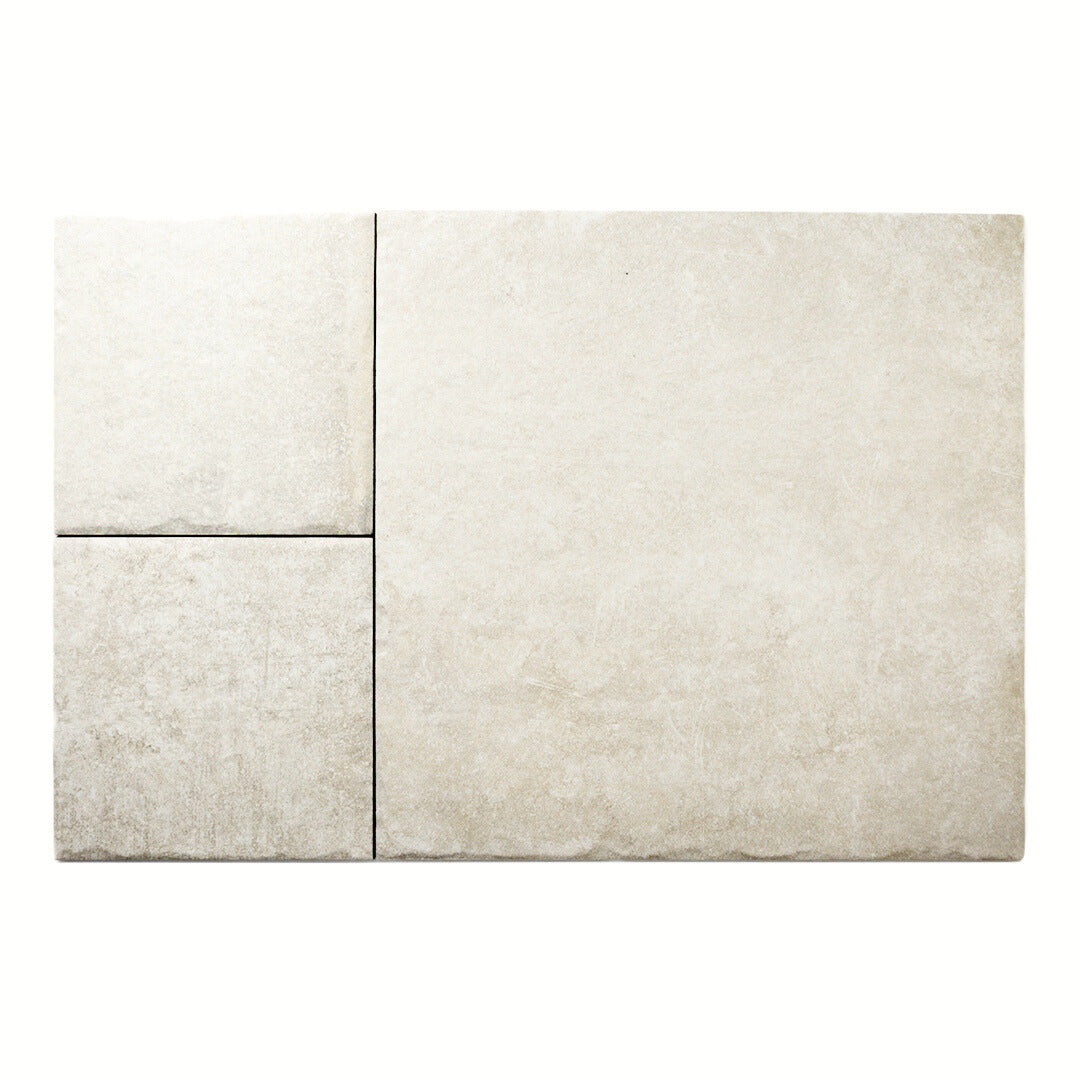 Product images of the light grey tumbled modular multi-format tile Cottage Chalk.