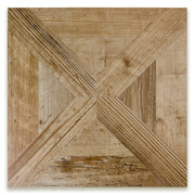 A single 19x19 parquet wood look porcelain tile in a oak blonde light brown colour. 