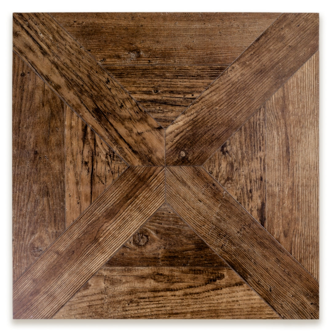 A single 19x19 parquet wood look porcelain tile in a medium walnut caramel brown.  