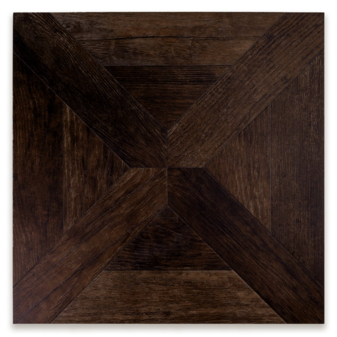 A single 19x19 parquet wood look porcelain tile in a rich chocolate brown. 