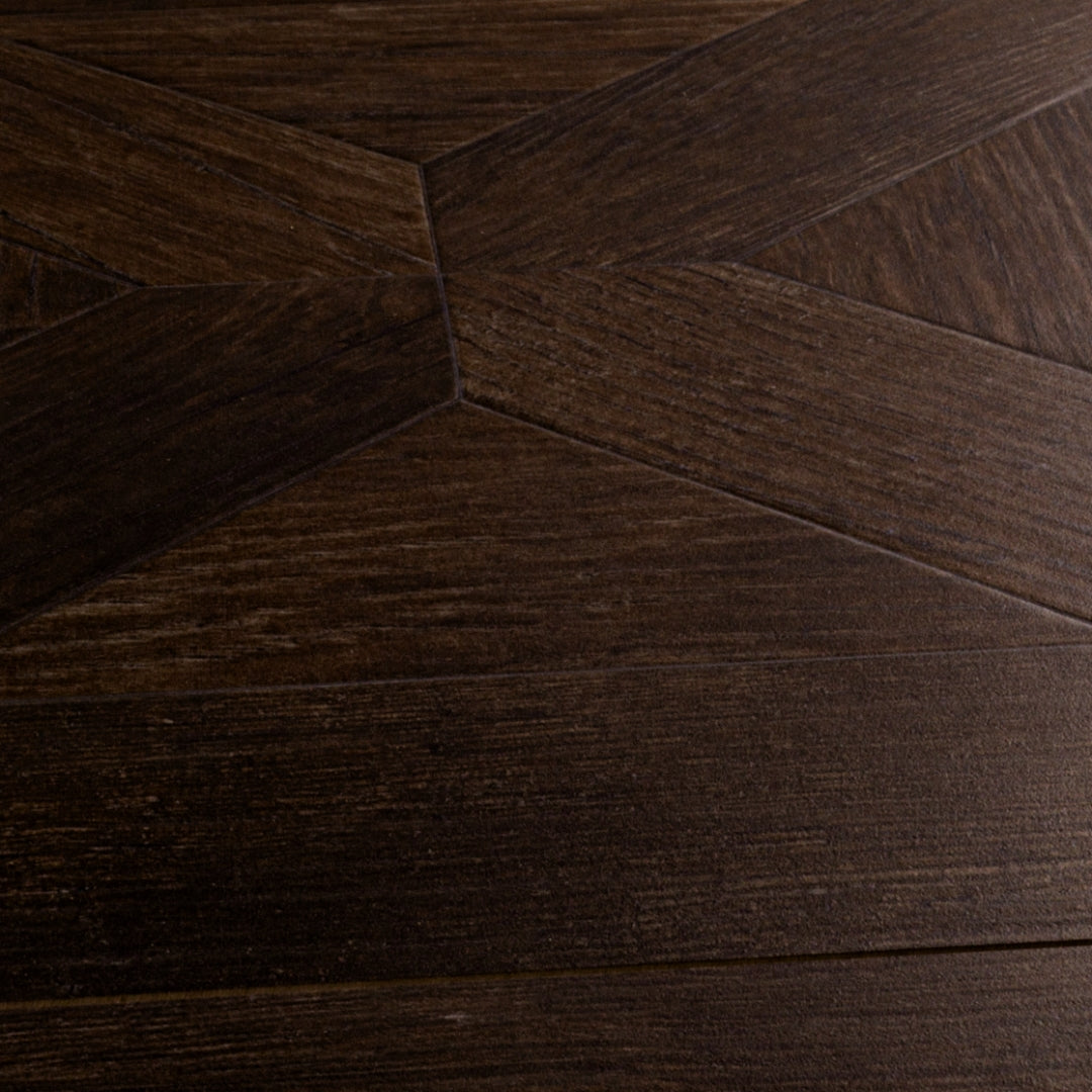 A close up of 19x19 parquet wood look porcelain tiles in a rich chocolate brown. 