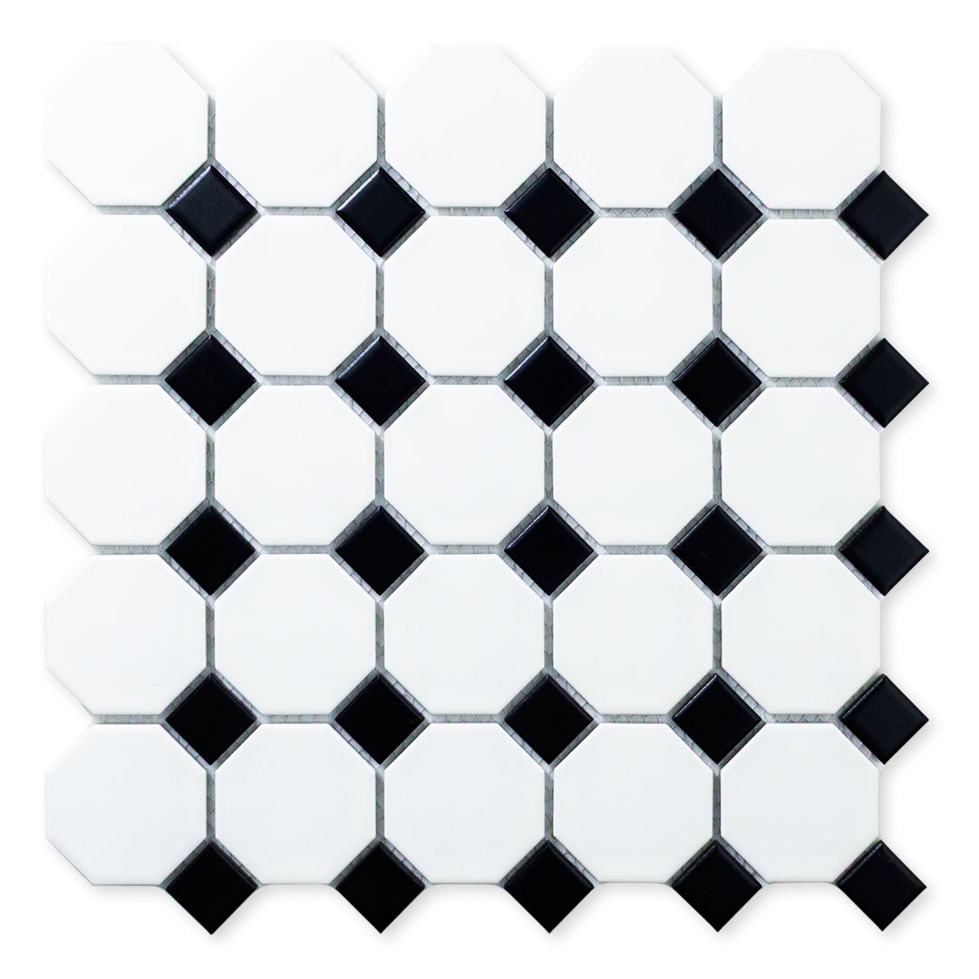 Ariel view of a single sheet of Octa-Dot B&W, a classic iconic black and white octagon and dot penny mosaic tile. 