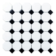 Ariel view of a single sheet of Octa-Dot B&W, a classic iconic black and white octagon and dot penny mosaic tile. 
