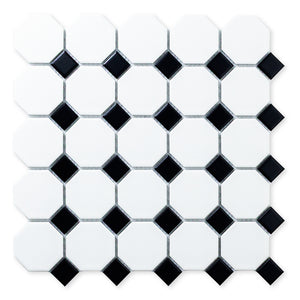 Ariel view of a single sheet of Octa-Dot B&W, a classic iconic black and white octagon and dot penny mosaic tile. 