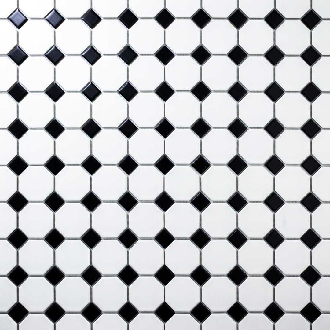 Zoomed out view of a single sheet of Octa-Dot B&W, a classic black and white octagon and dot penny mosaic tile. 