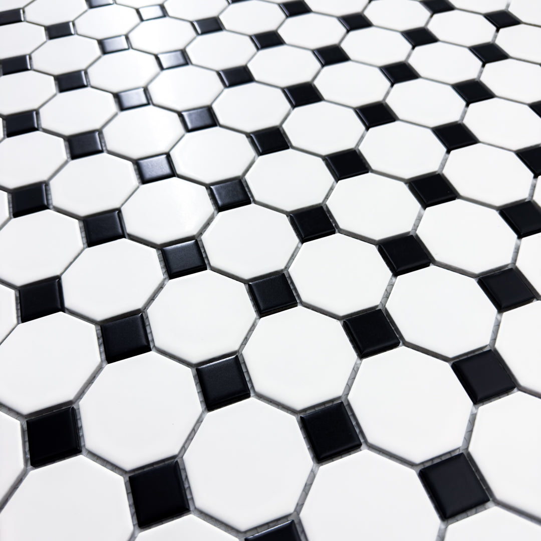 Ariel view of a single sheet of Octa-Dot B&W, a classic iconic black and white octagon and dot penny mosaic tile. 