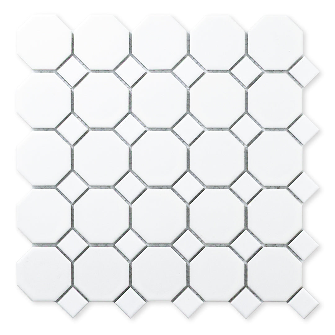 Ariel view of a single sheet of Octa-Dot White, a classic timeless geometric pattern white octagon and dot penny mosaic tile. 