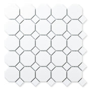 Ariel view of a single sheet of Octa-Dot White, a classic timeless geometric pattern white octagon and dot penny mosaic tile. 
