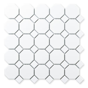 Ariel view of a single sheet of Octa-Dot White, a classic timeless geometric pattern white octagon and dot penny mosaic tile. 