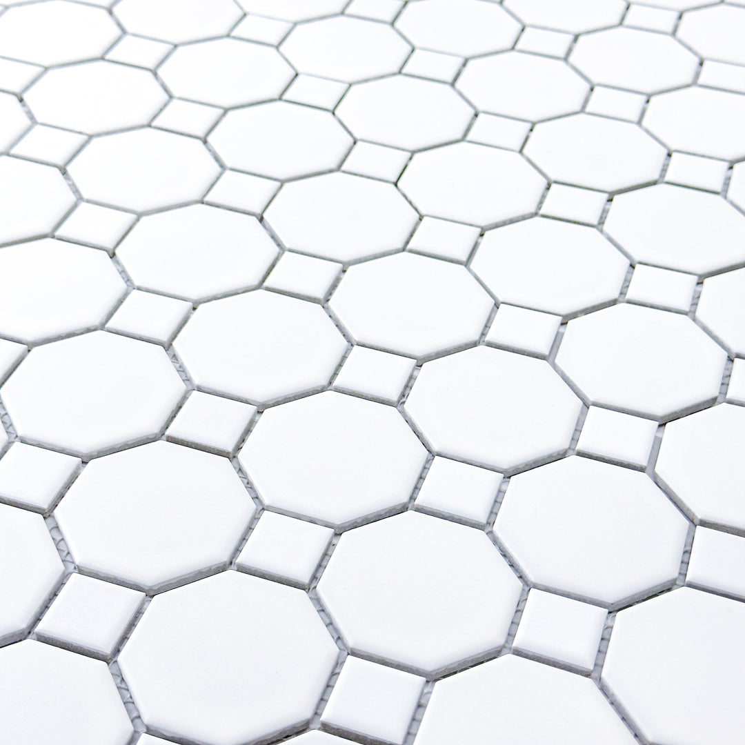 Ariel view of a single sheet of Octa-Dot White, a classic timeless geometric pattern white octagon and dot penny mosaic tile. 