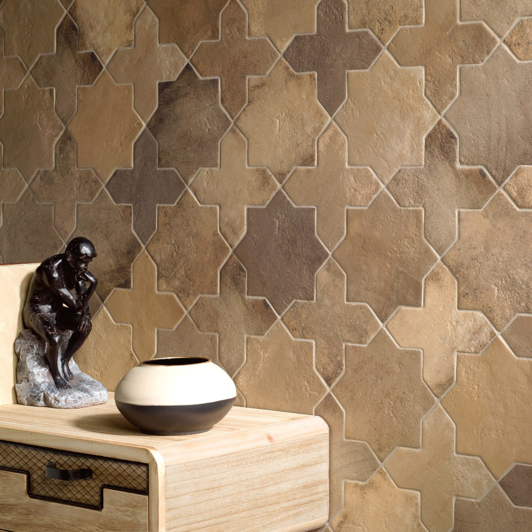 A nature infused tile installation of our terracotta star and cross tiles showing the colour variations and soft texture. 