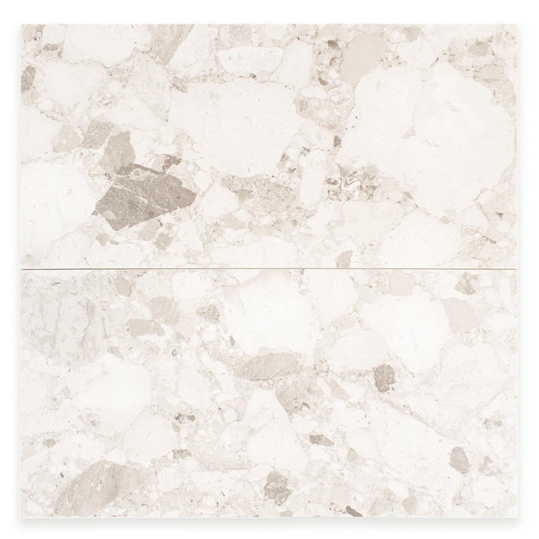 Ariel view of two rectangular offwhite Rainstone powder terrazzo look tiles. 