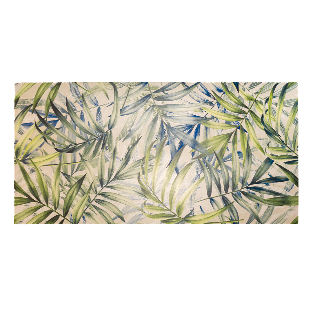 ariel view of a single 24x48 pattern tile with tropical green leaves and a white background