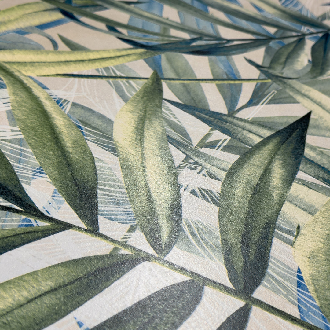 a tropical 24x48 patterned tile with green leaves and a white background