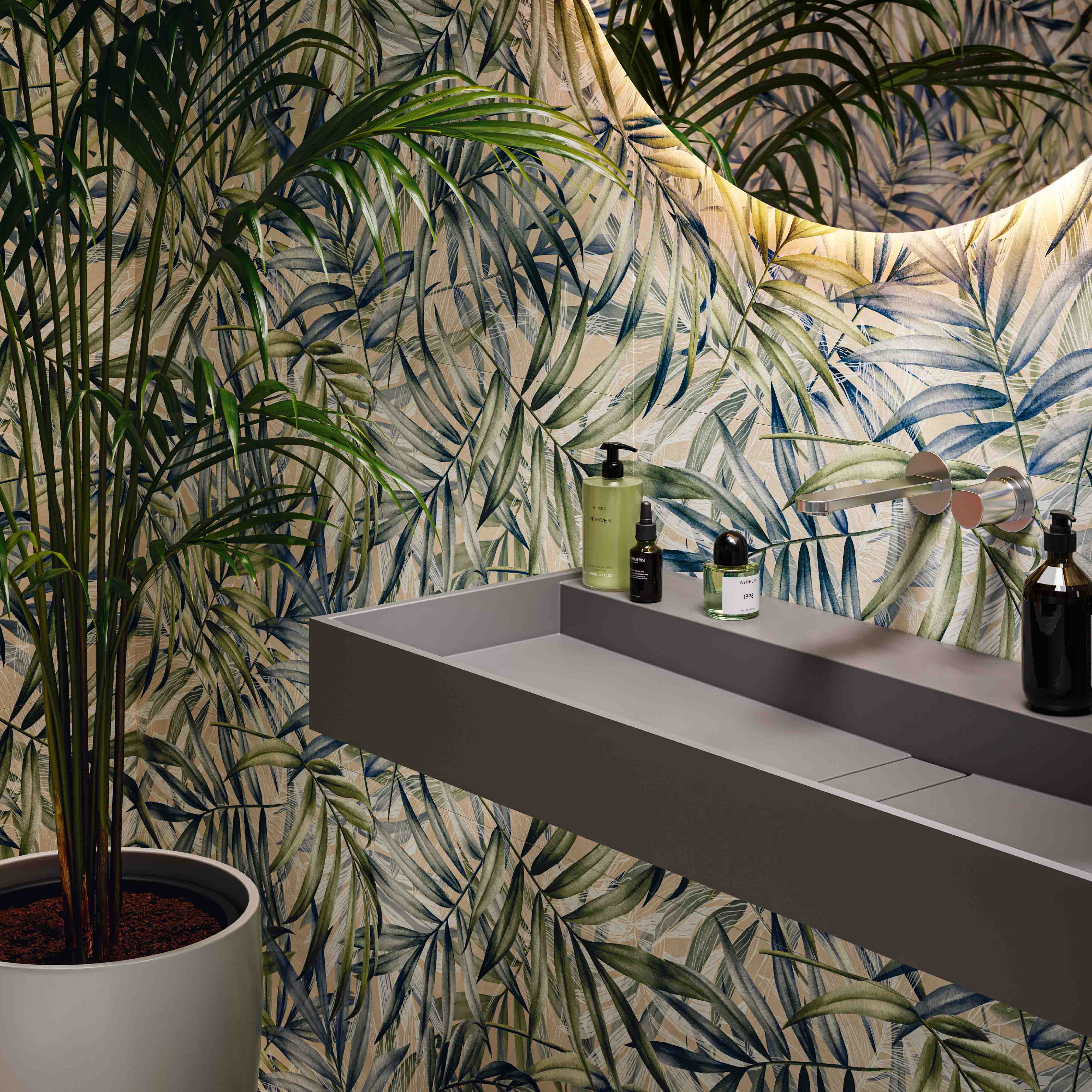 a modern bathroom with jardin palm leaf pattern 24x48 tile on the backsplash. it looks like wallpaper but has the durability of tile. 