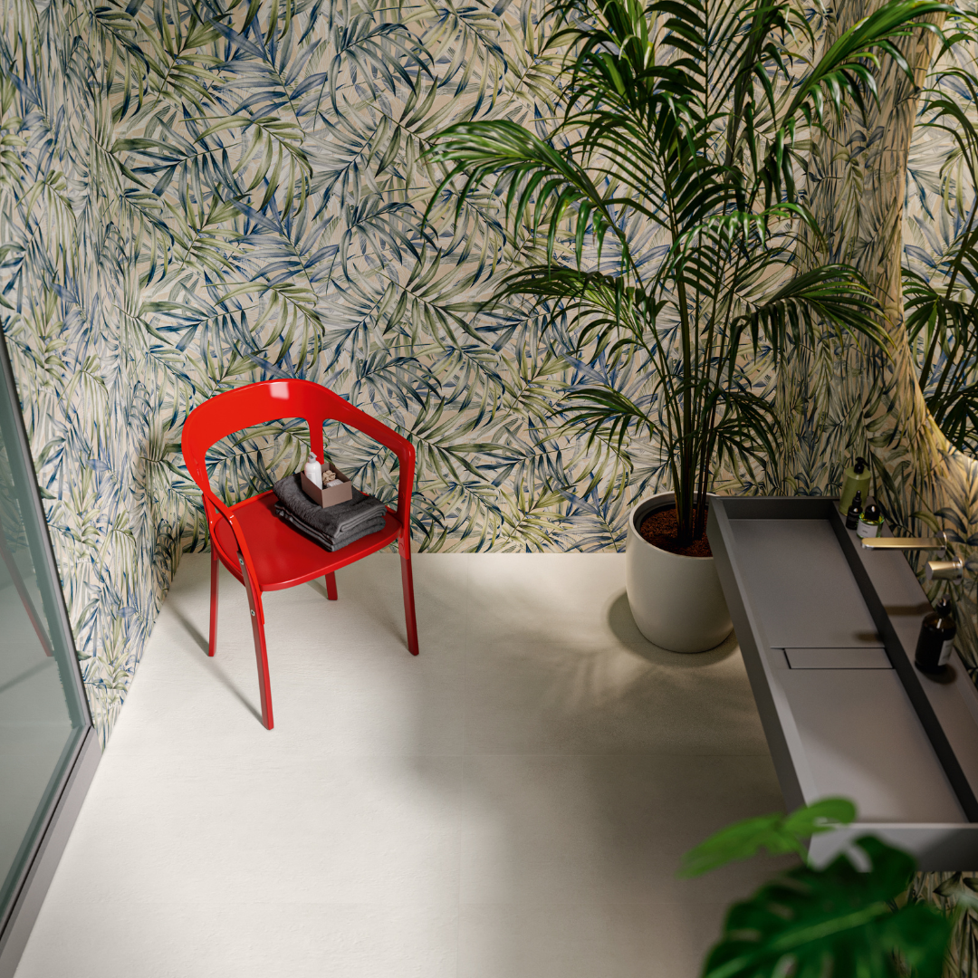 ariel angled view of a funky bathroom with jardin palm leaf pattern tiles on the walls. a fun pattern but very durable tile. 