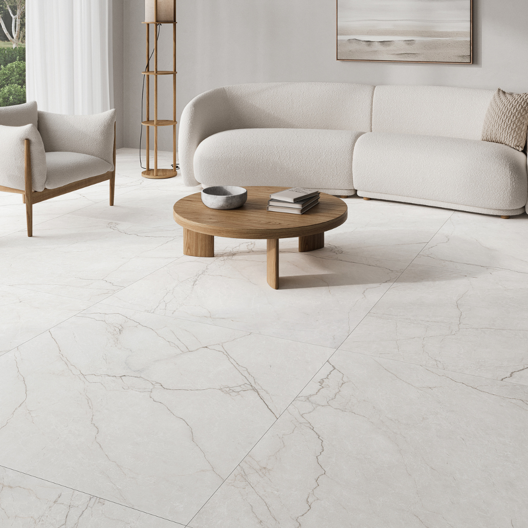 A minimalist living room seating area with cozy light and wooden furniture and bright white marble flooring with fine delicate grey veining known as sanctuary bianco 