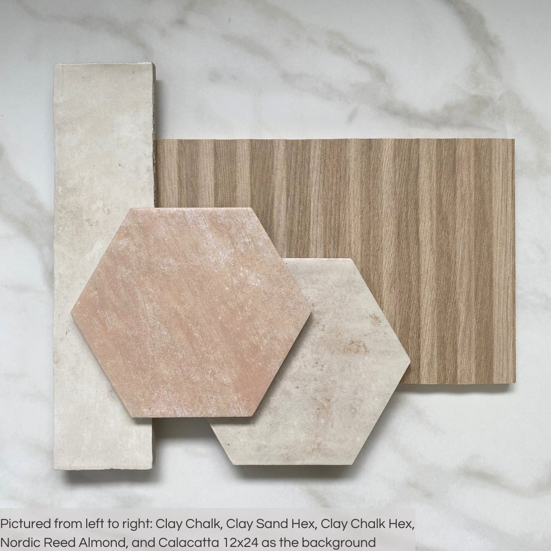 A stone and wood calm earthy flat lay of coordinating tiles for floors and walls. 