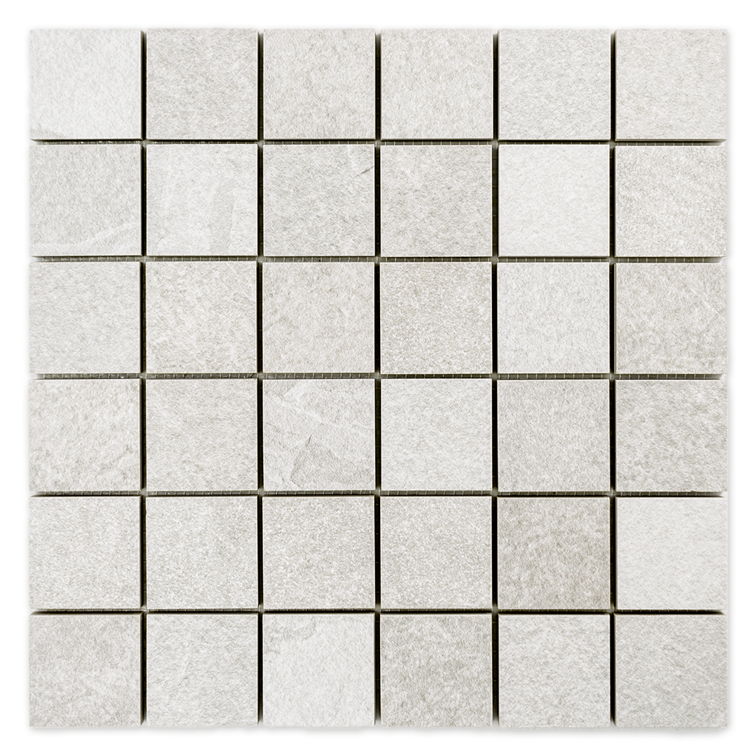 Ariel view of a 12x12 square piece mosaic in a slate look white frost stone.  The pieces are 2x2 squares. 