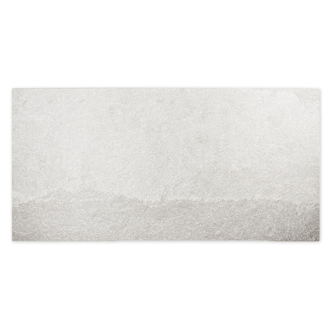 Ariel view of a single 12x24 slate look tile in frost white with subtle texture and pattern. 