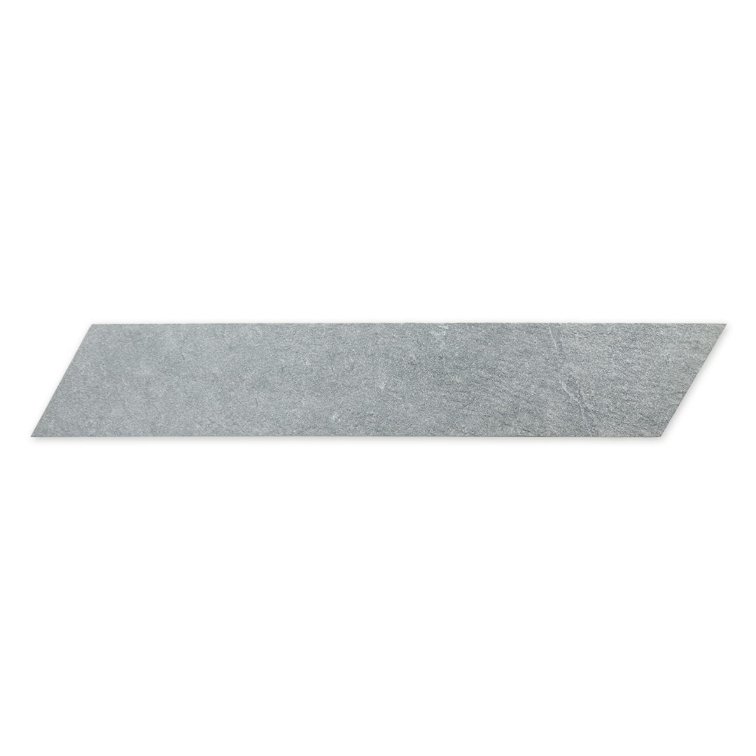 A single 4x20 grey chevron stone look tile