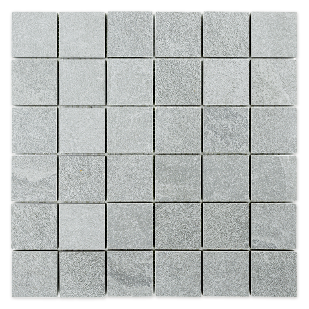 Ariel view of a 2 inch square 12x12 sheet mosaic in a slate look grey stone. 