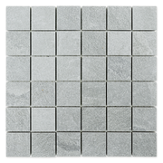 Ariel view of a 2 inch square 12x12 sheet mosaic in a slate look grey stone. 