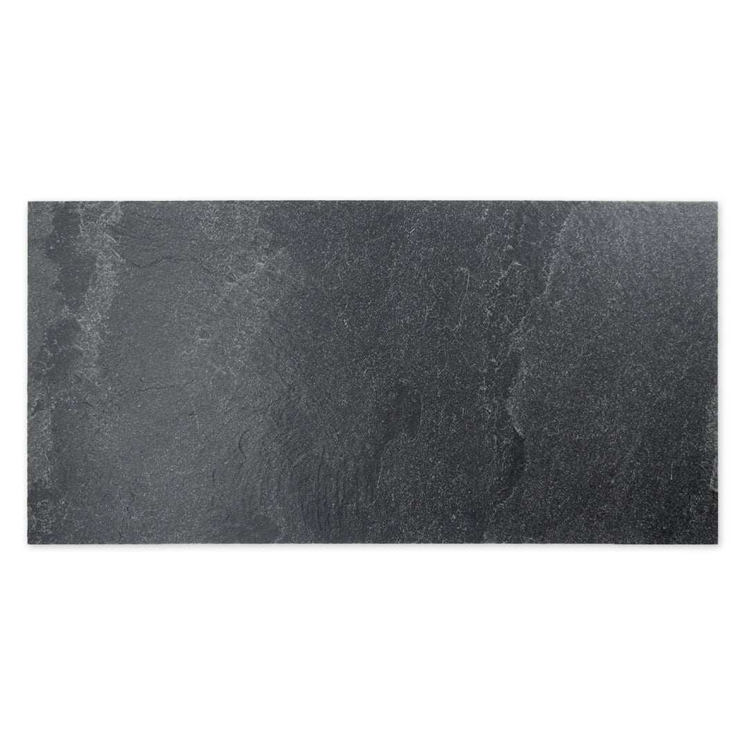 Ariel view of a single 24x48 black slate look tile to show the pattern and veining. 